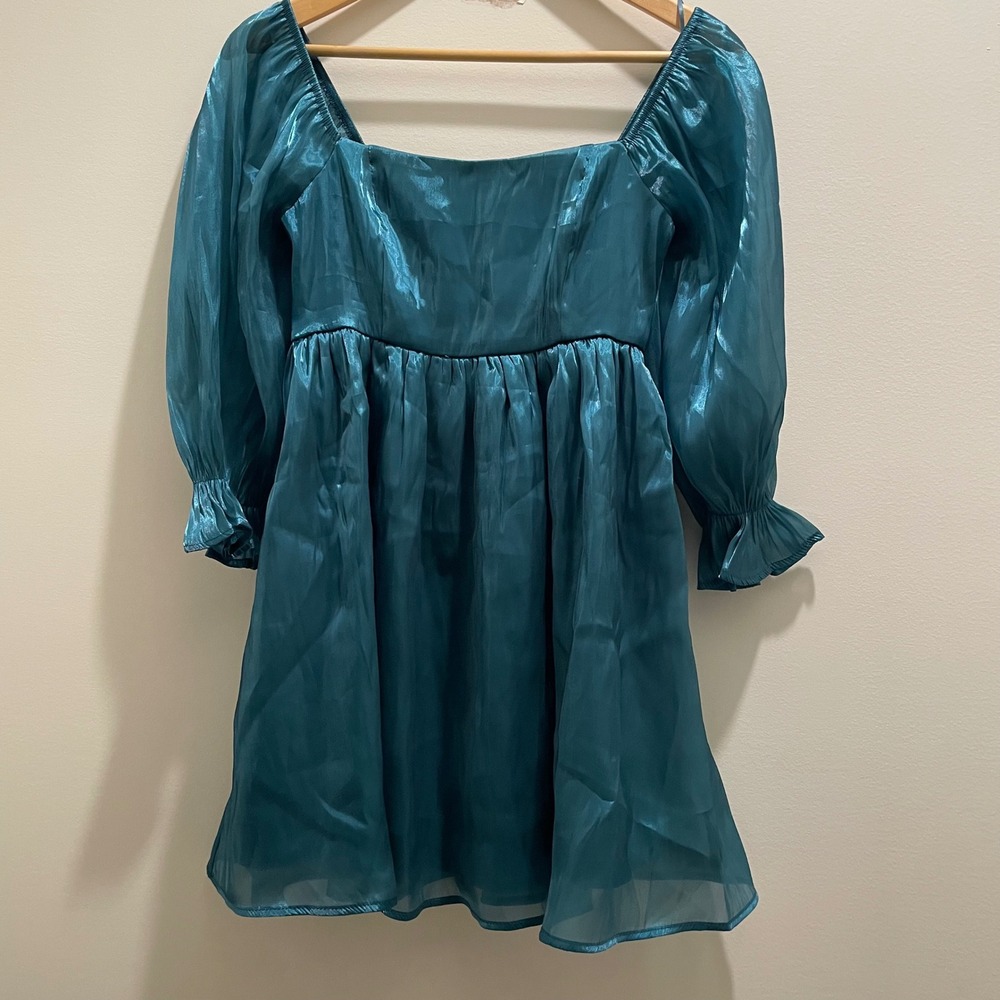 Thirty Thirty LA Teal Iridescent‎ Organza Puff Sleeve Smocked Mini Dress Small